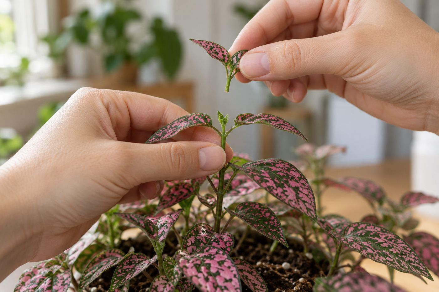 Fingers pinching off the top pair of leaves of a polka dot plant stem
