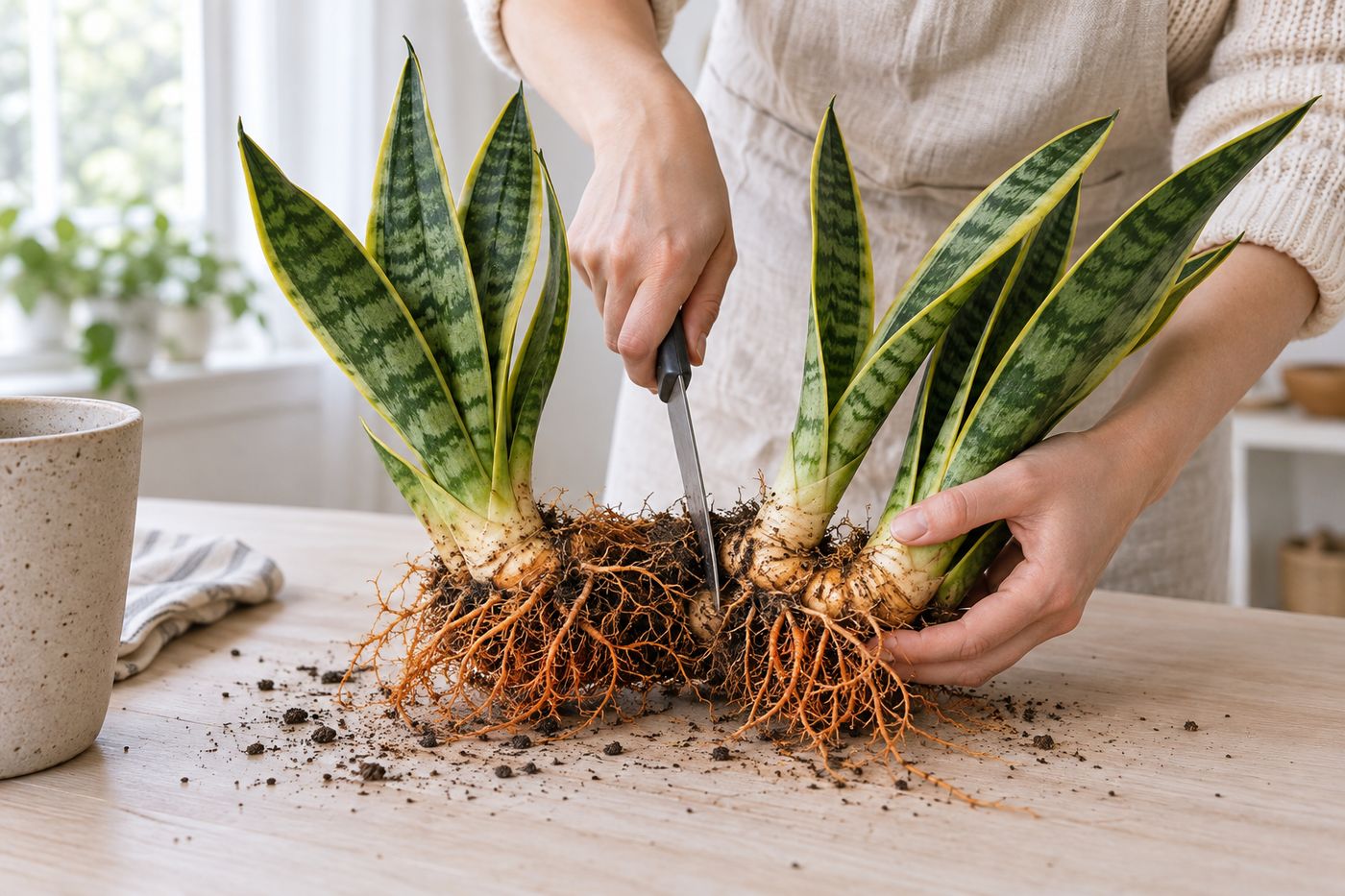 Snake plant rhizome divided into separate rosettes