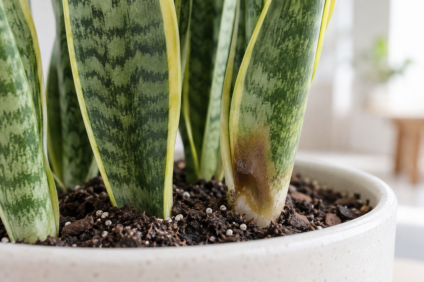 Soft brown base of a snake plant leaf with rot from overwatering