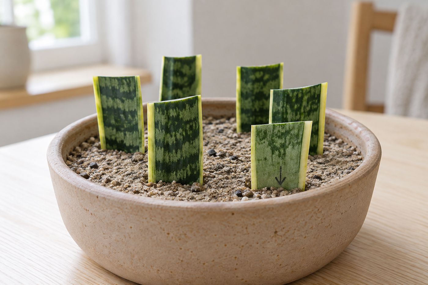 Snake plant leaf sections planted in soil to root