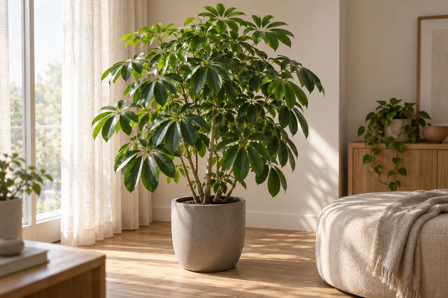 Umbrella plant with glossy palmate leaves in a large pot in a bright room