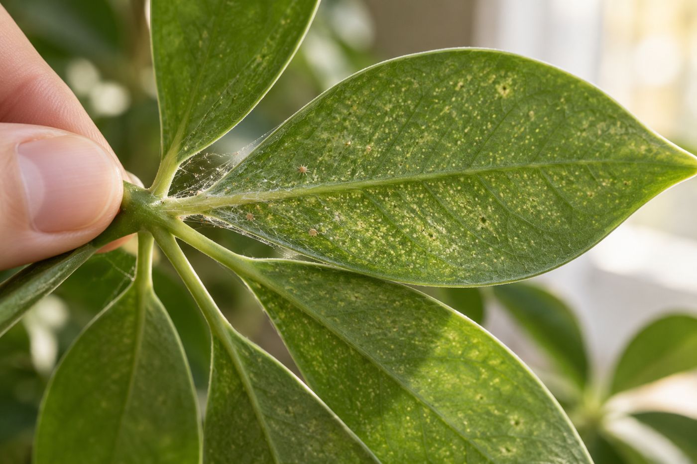 Underside of a schefflera leaf with fine spider mite webbing and pale speckles
