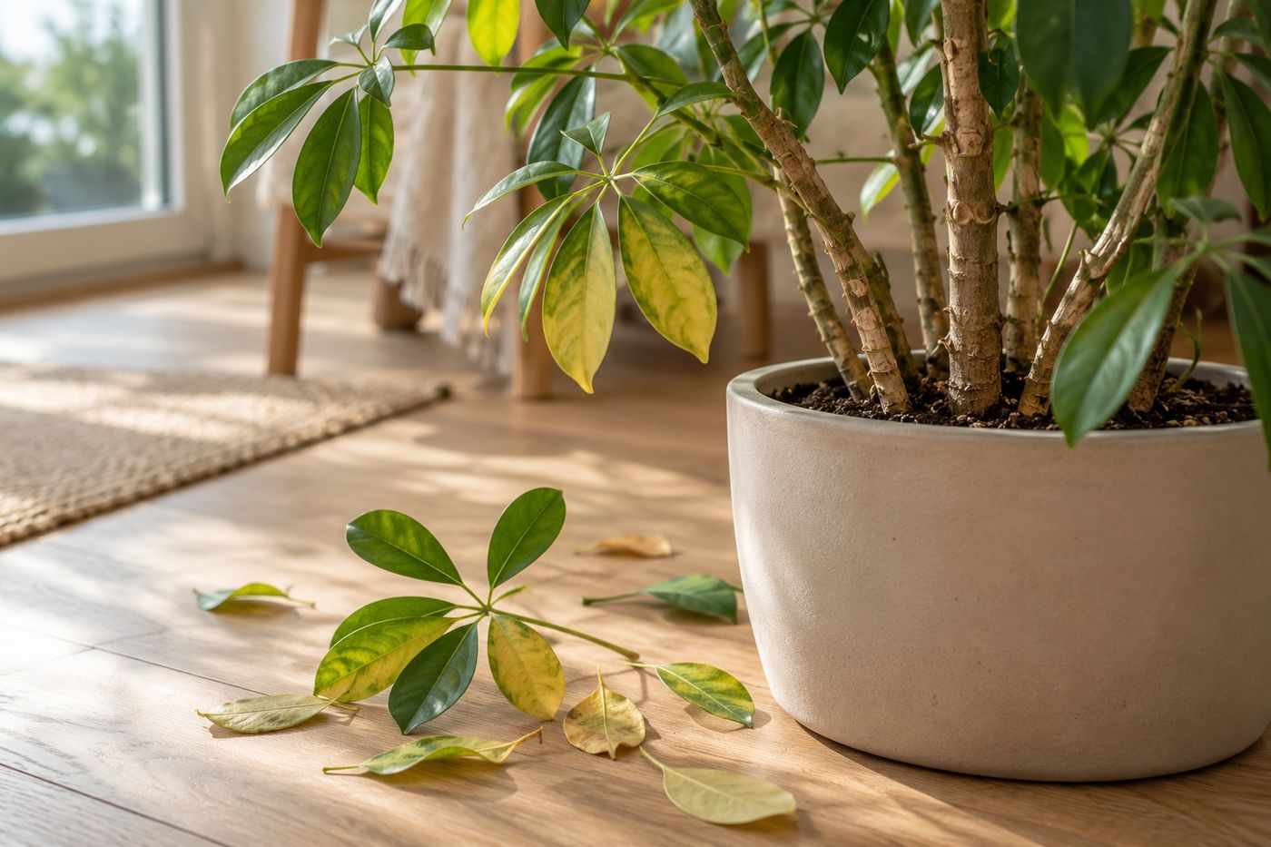 Schefflera with yellow lower leaves and fallen leaves on the soil