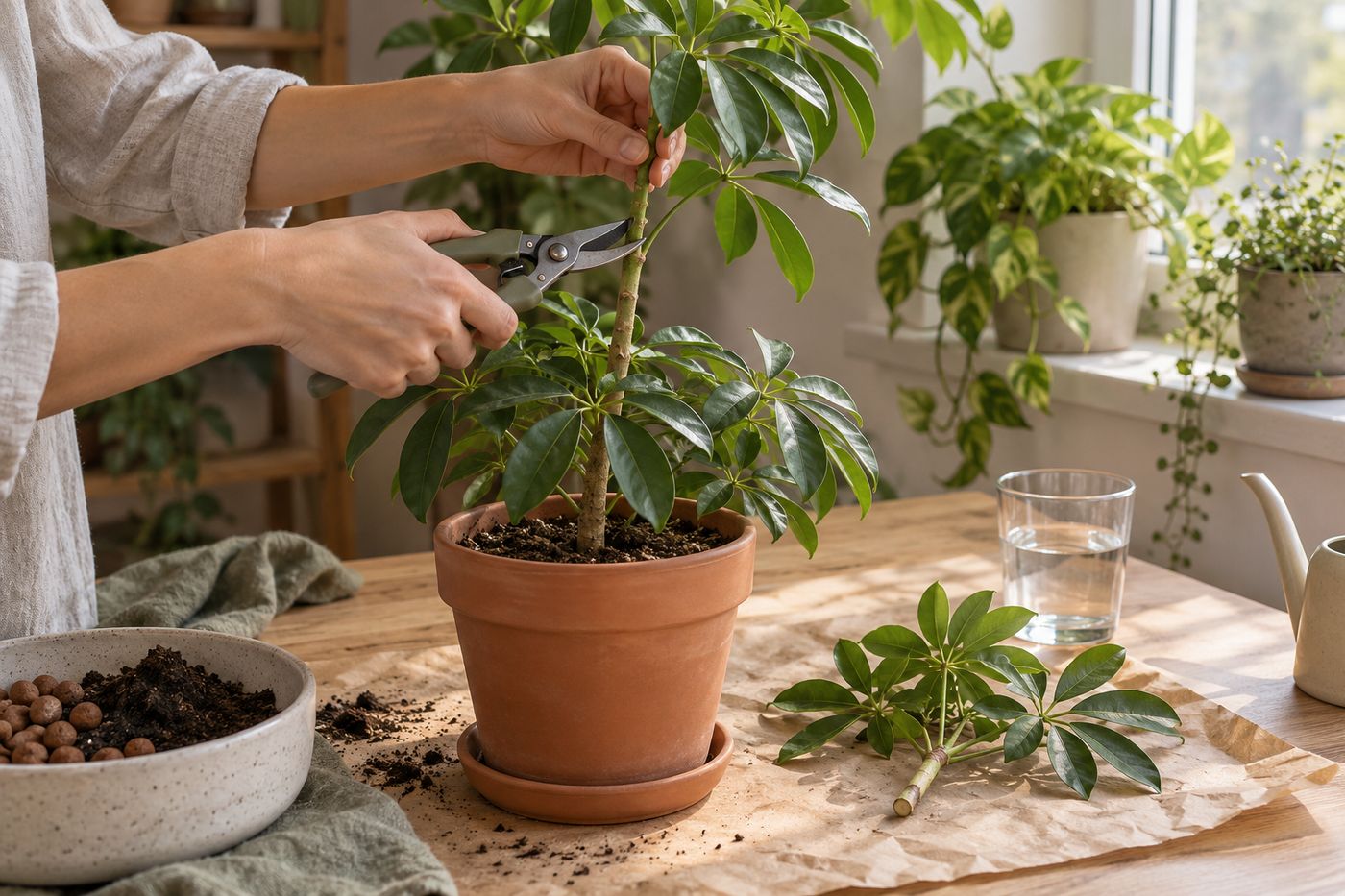 Hands pruning a leggy schefflera stem above a node