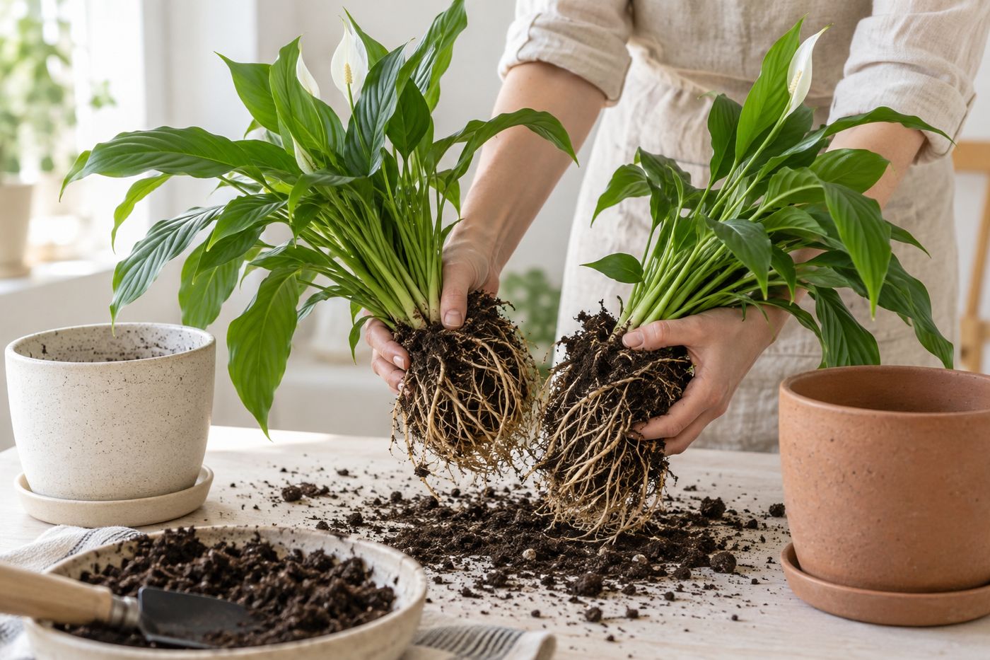 Dividing a peace lily clump by hand during repotting