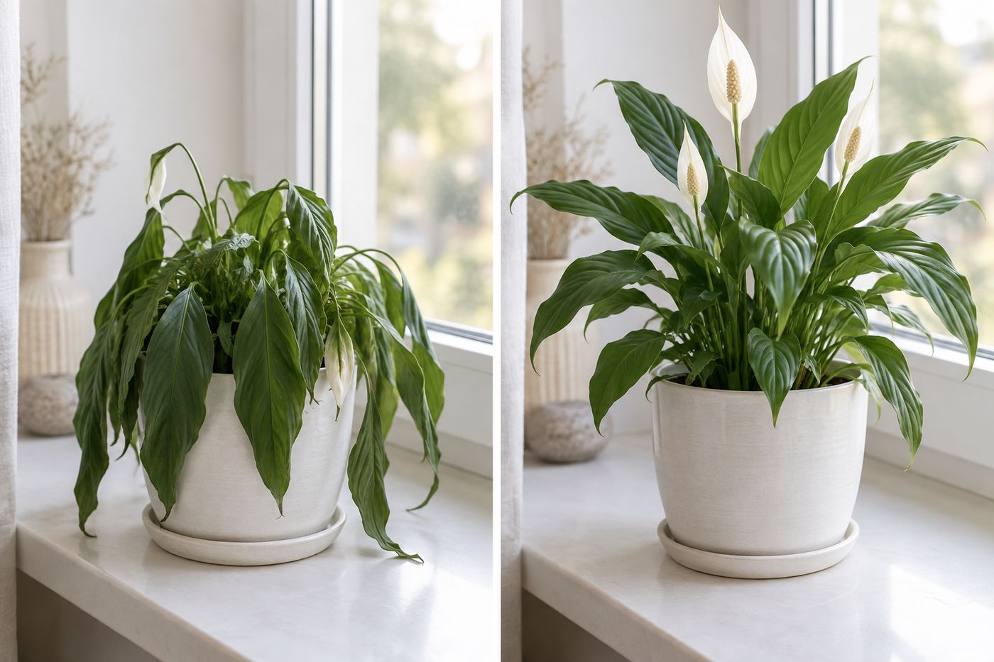 Peace lily with drooping leaves next to the same plant after watering