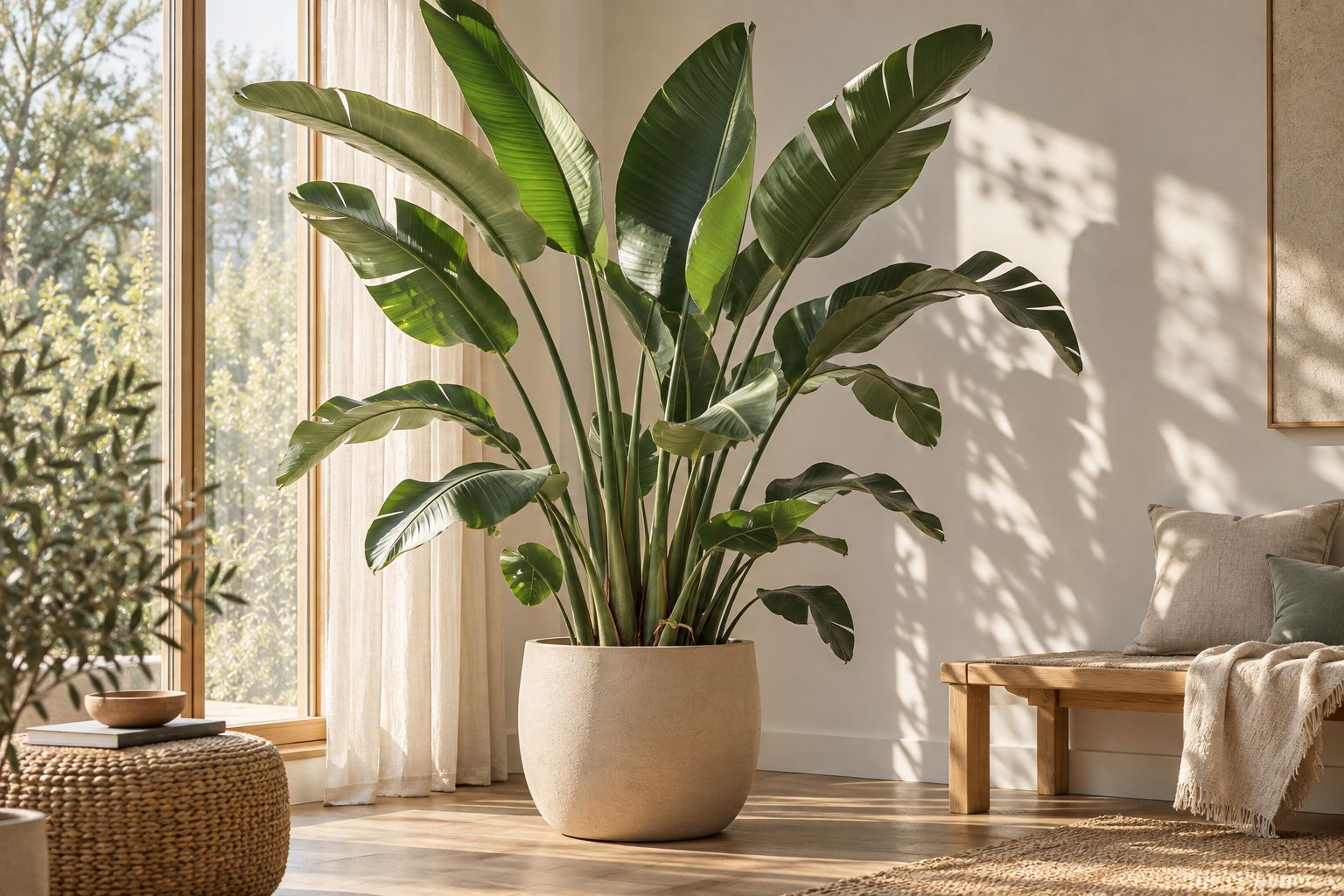 Large white bird of paradise with paddle-shaped leaves in a beige floor pot by a window