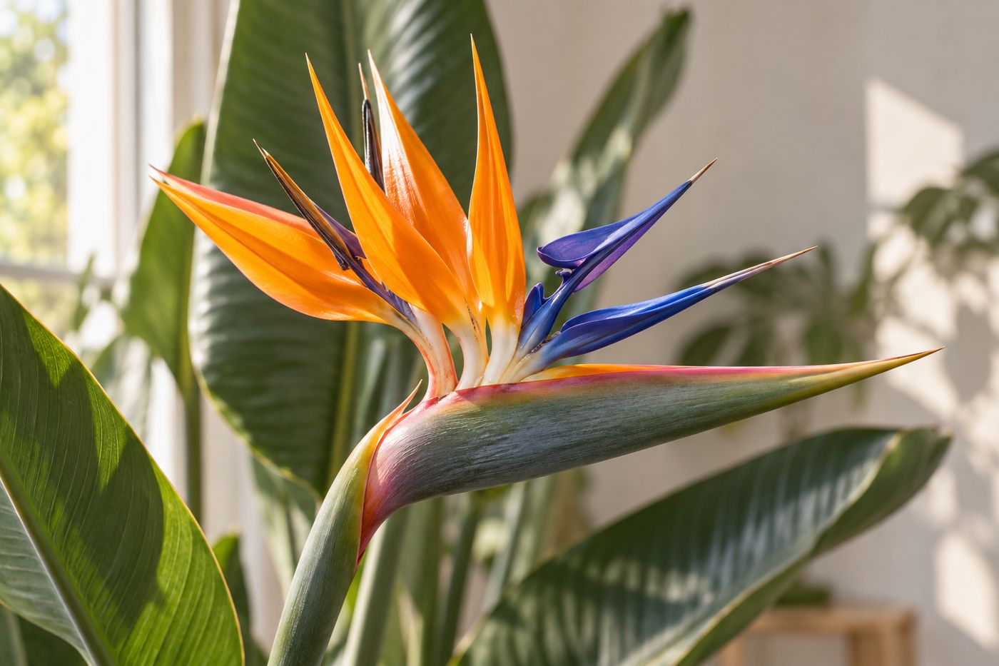 Orange and blue bird of paradise flower rising from a green beak-like bract