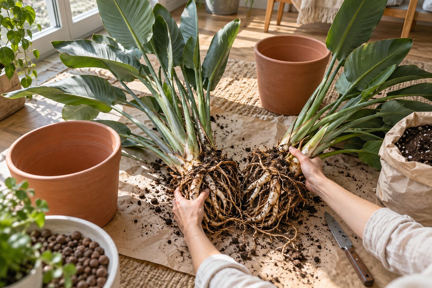 Hands dividing a bird of paradise clump into rooted sections during spring repotting