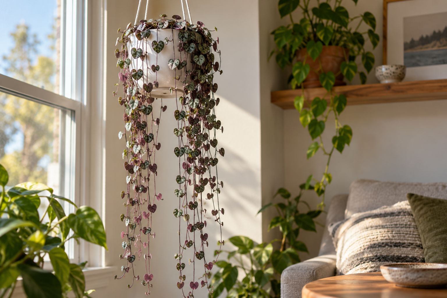 String of hearts with long trailing vines of small silver-marbled heart leaves in a hanging pot