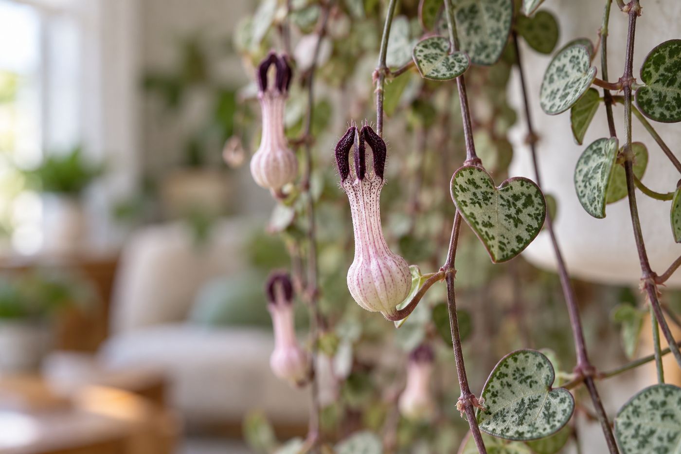 Lantern-shaped pink and purple string of hearts flower on a vine