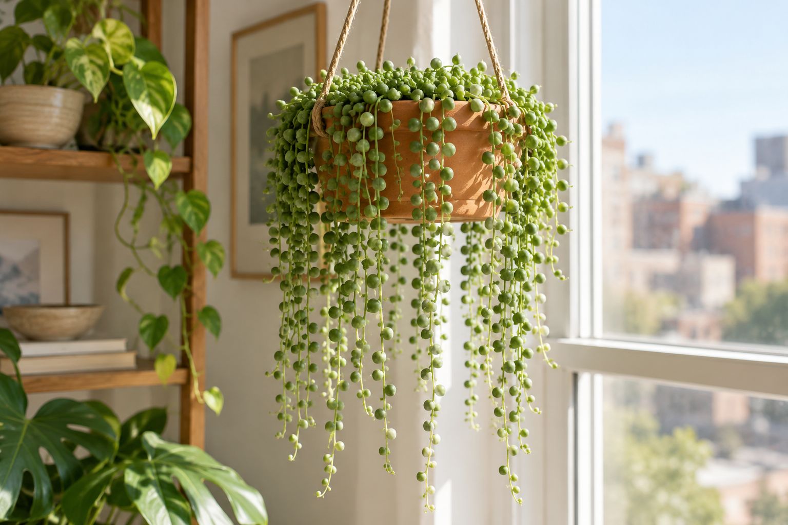 String of pearls trailing long strands of round green beads from a hanging terracotta pot