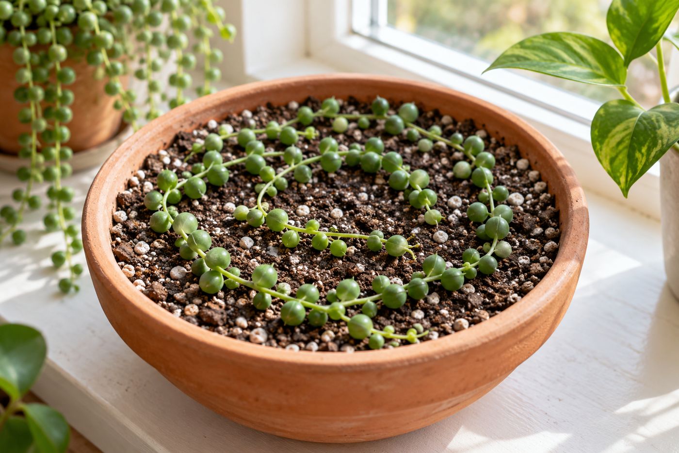 String of pearls cuttings laid on top of gritty soil in a shallow pot