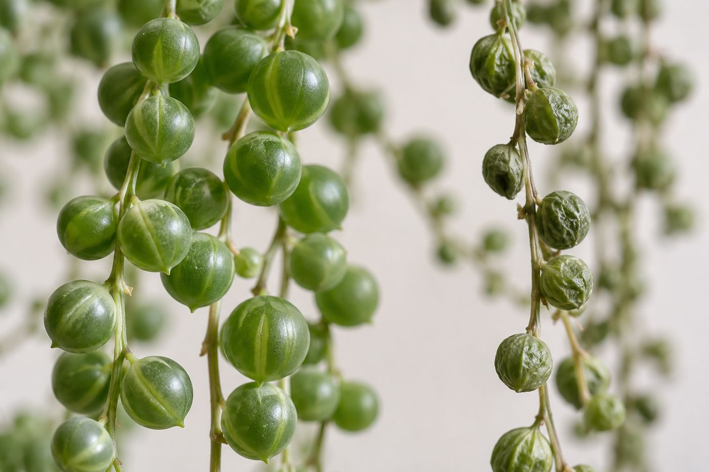 Close-up of string of pearls beads, plump ones beside wrinkled thirsty ones