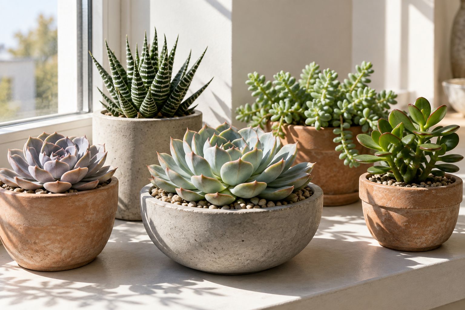 Echeveria, haworthia and sedum in low pots on a sunny windowsill