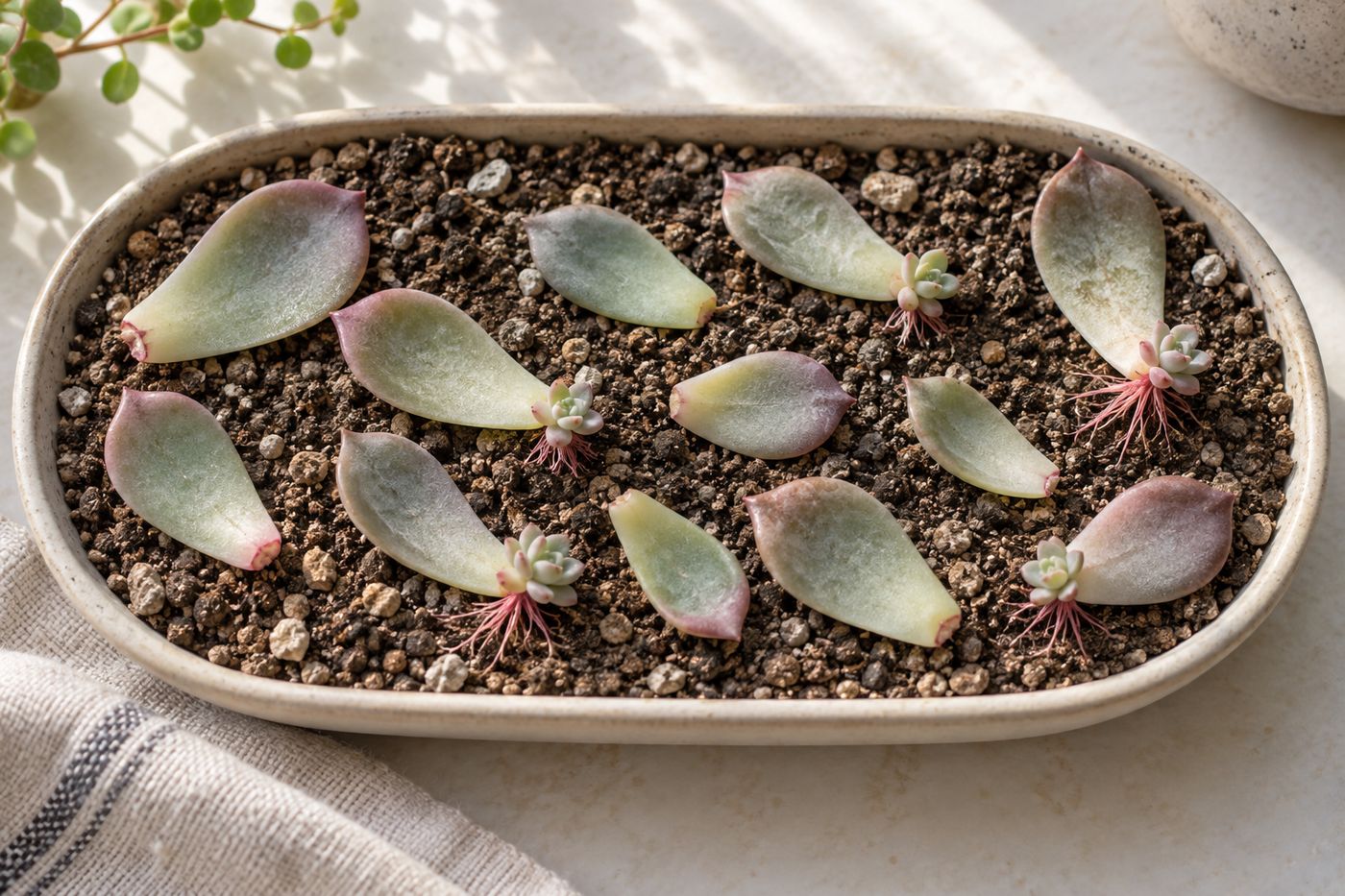 Echeveria leaves on soil sprouting roots and tiny rosettes