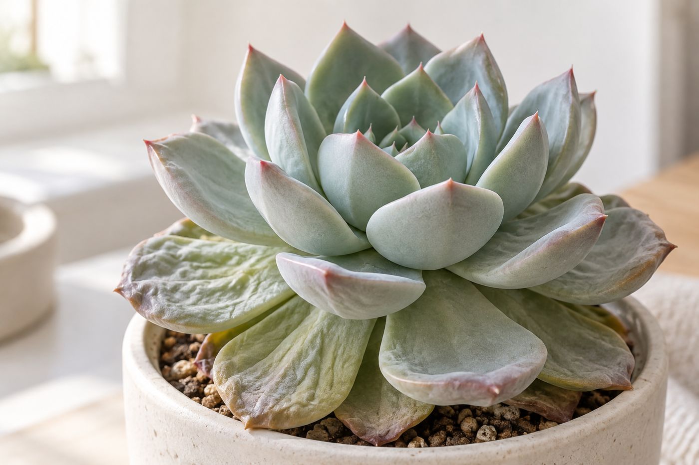 Wrinkled lower leaves on an echeveria, a sign it needs water