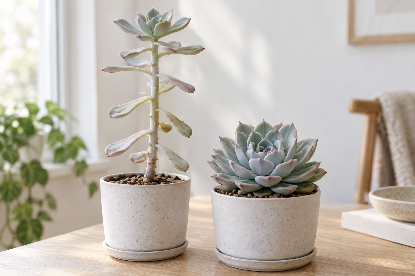 Stretched echeveria with sparse leaves next to a compact rosette