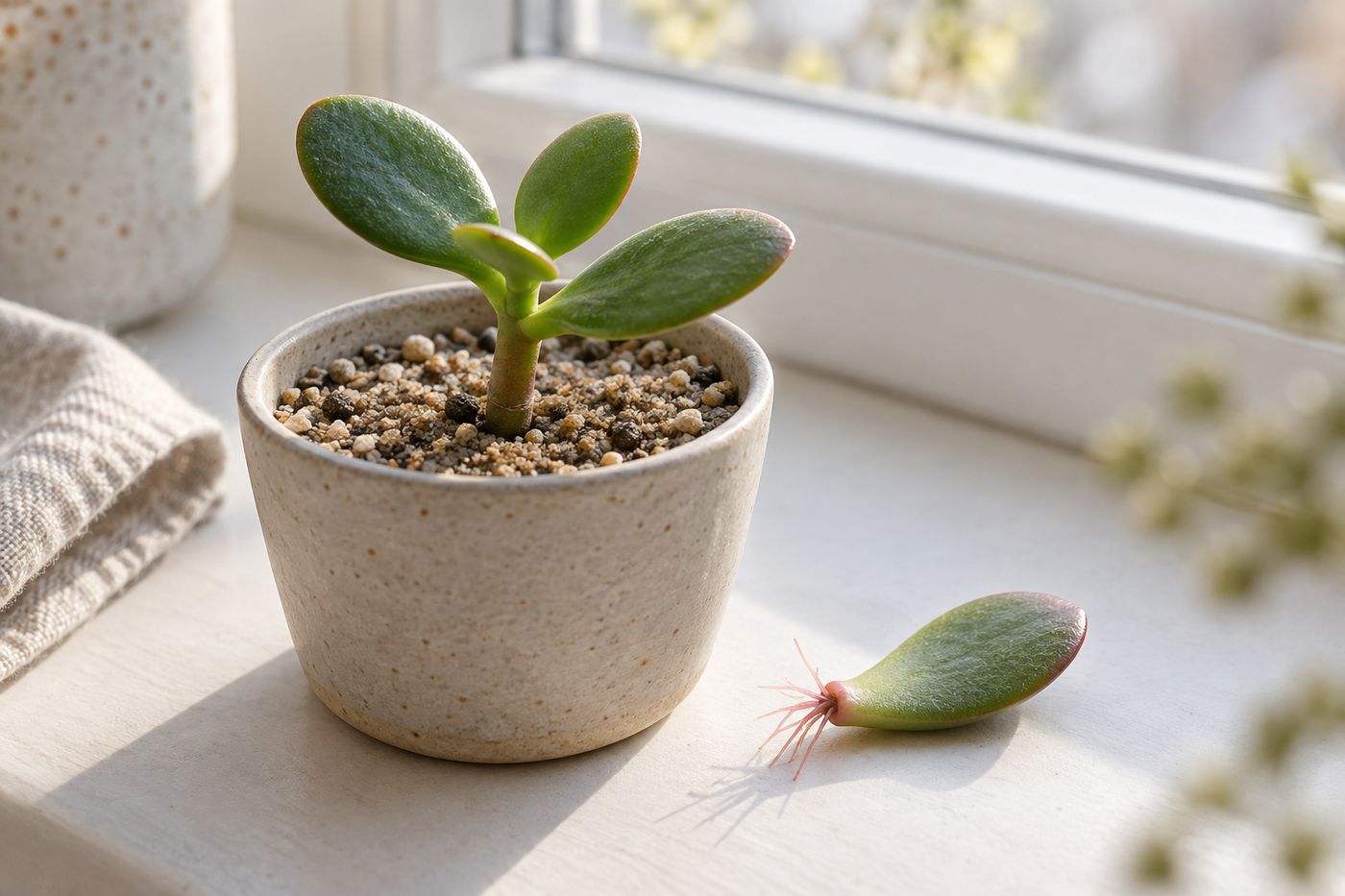 Jade plant stem cutting and a single leaf rooting in dry gritty soil
