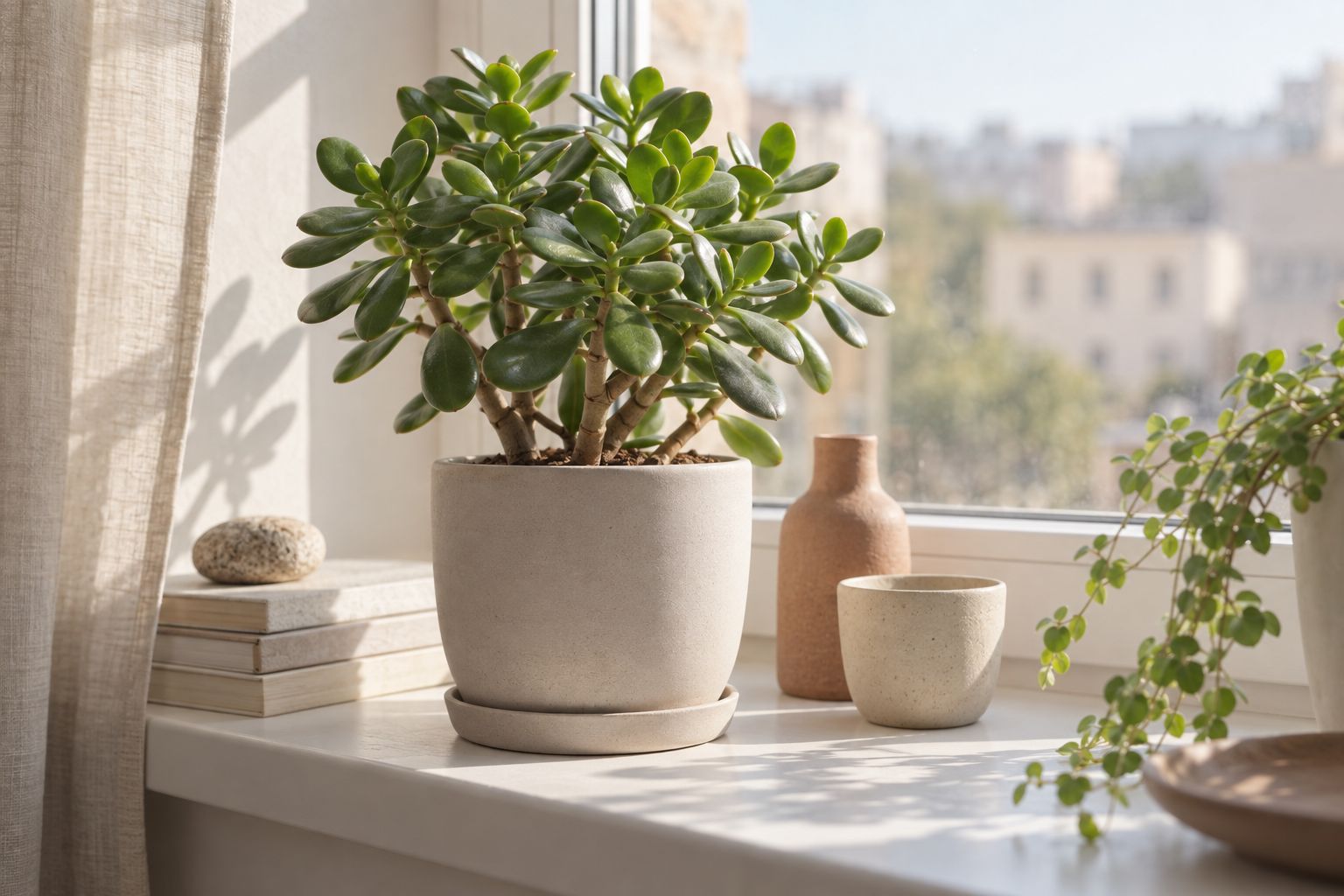 Jade plant with a thick trunk and round glossy leaves in a ceramic pot in the sun