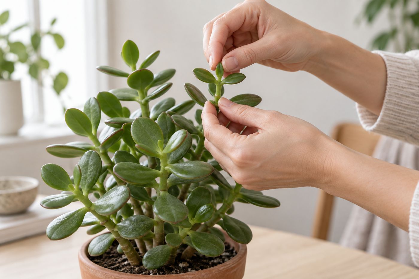 Pinching the tip of a jade plant shoot to make it branch