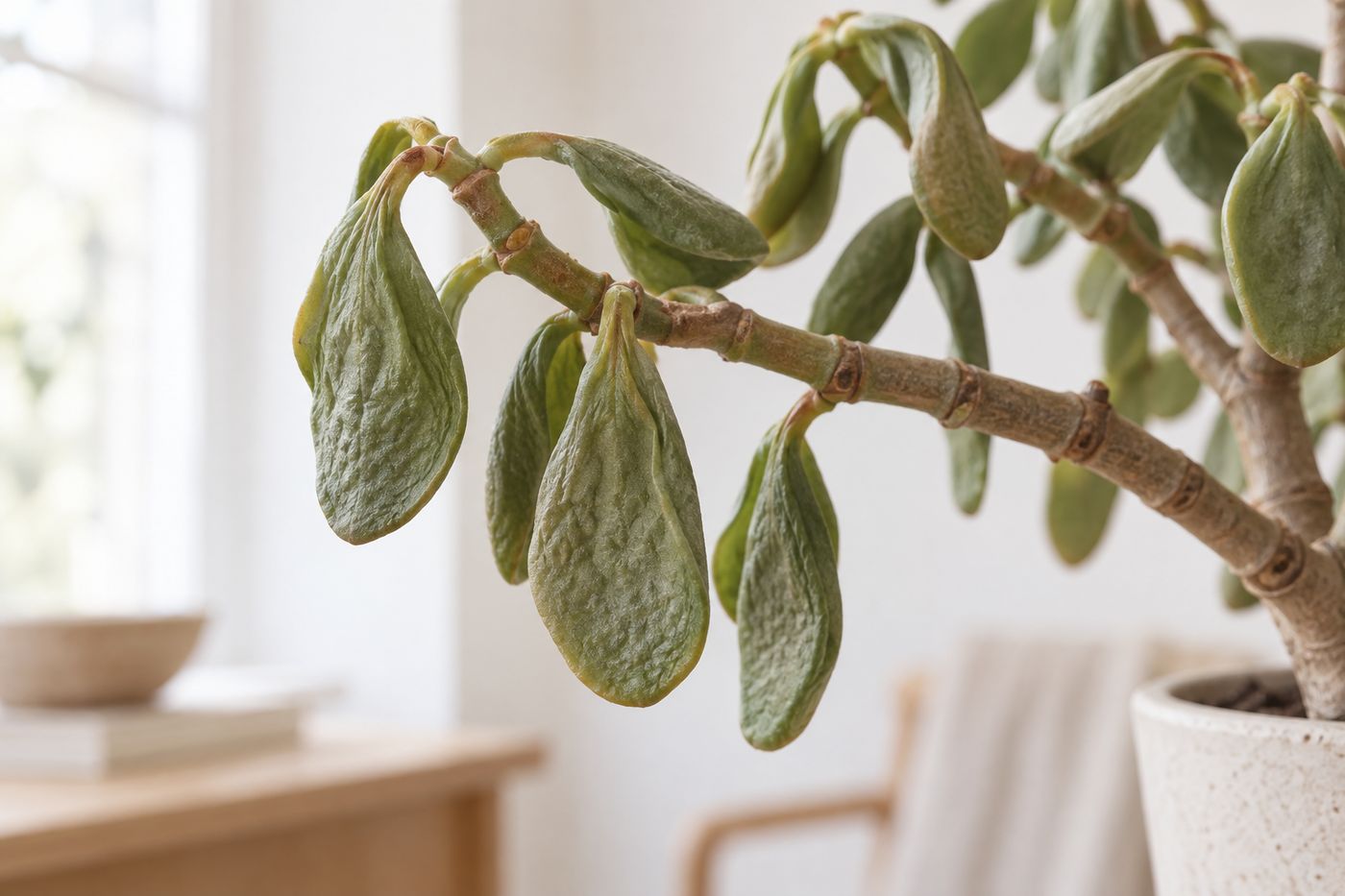 Close-up of soft, wrinkled jade plant leaves