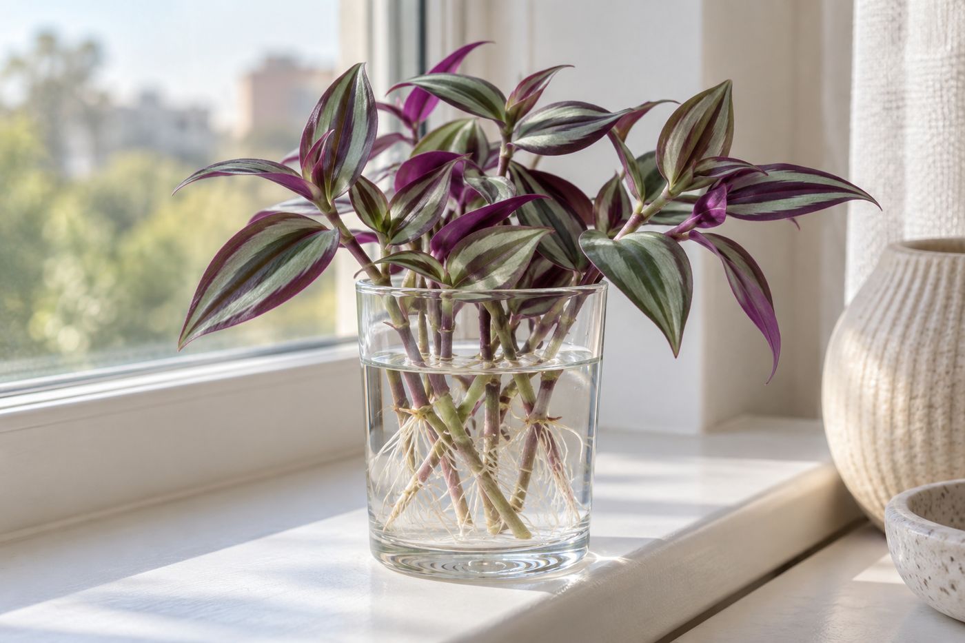 Tradescantia cuttings with white roots in a glass of water