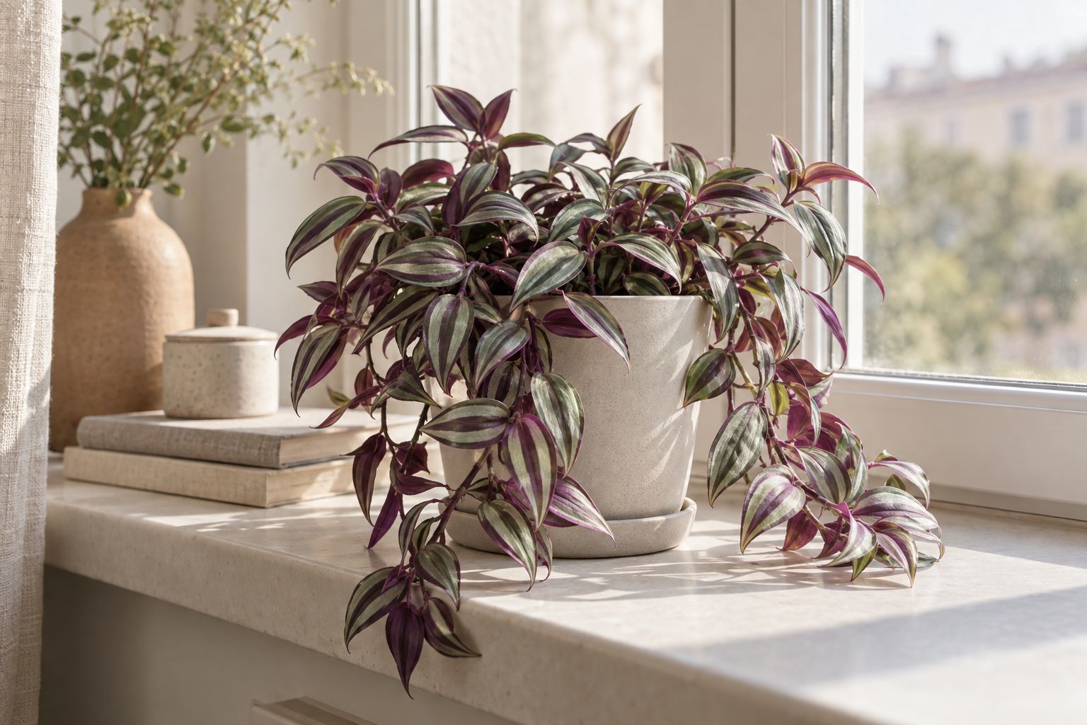 Tradescantia zebrina with striped silver and purple leaves trailing from a hanging basket