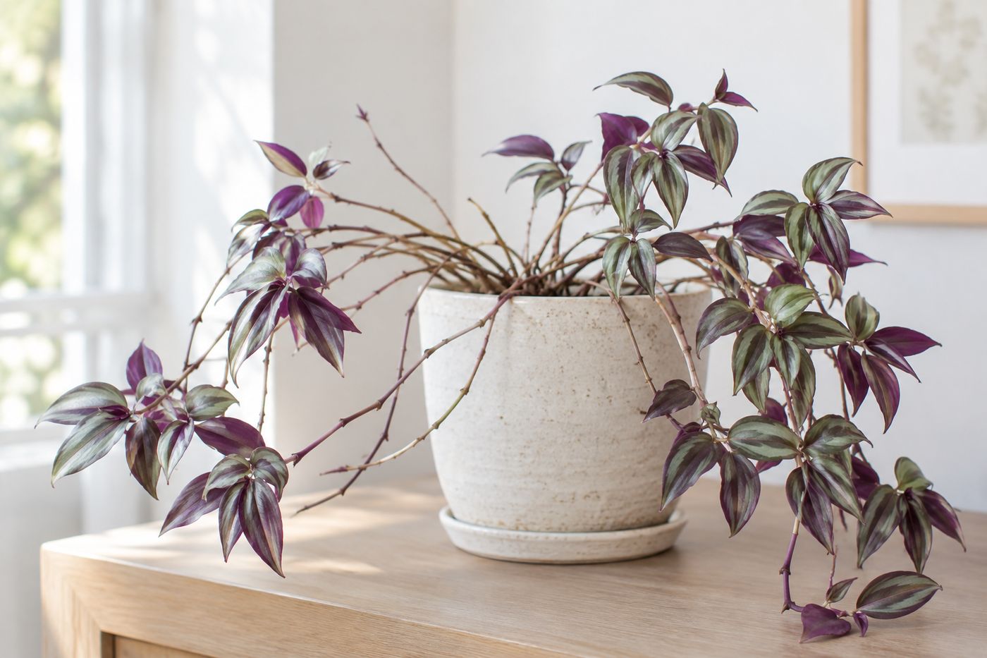 Old tradescantia with bare stems at the base and leaves only at the tips