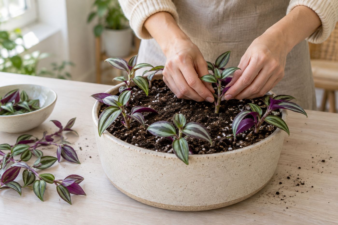 Planting a bundle of rooted tradescantia cuttings in one pot