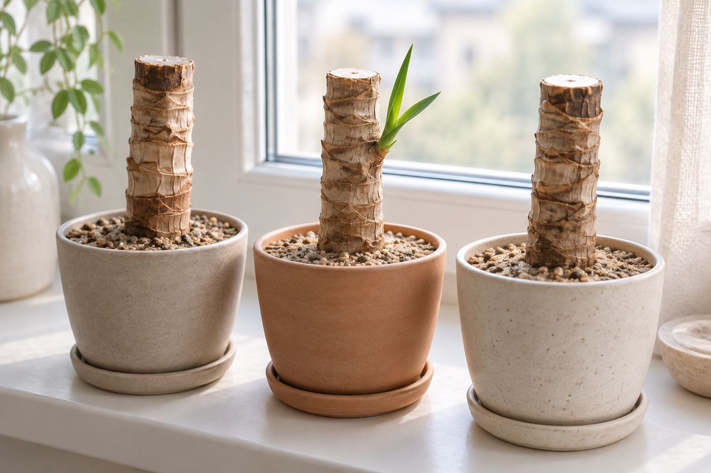Yucca top cuttings rooting in pots of gritty mix