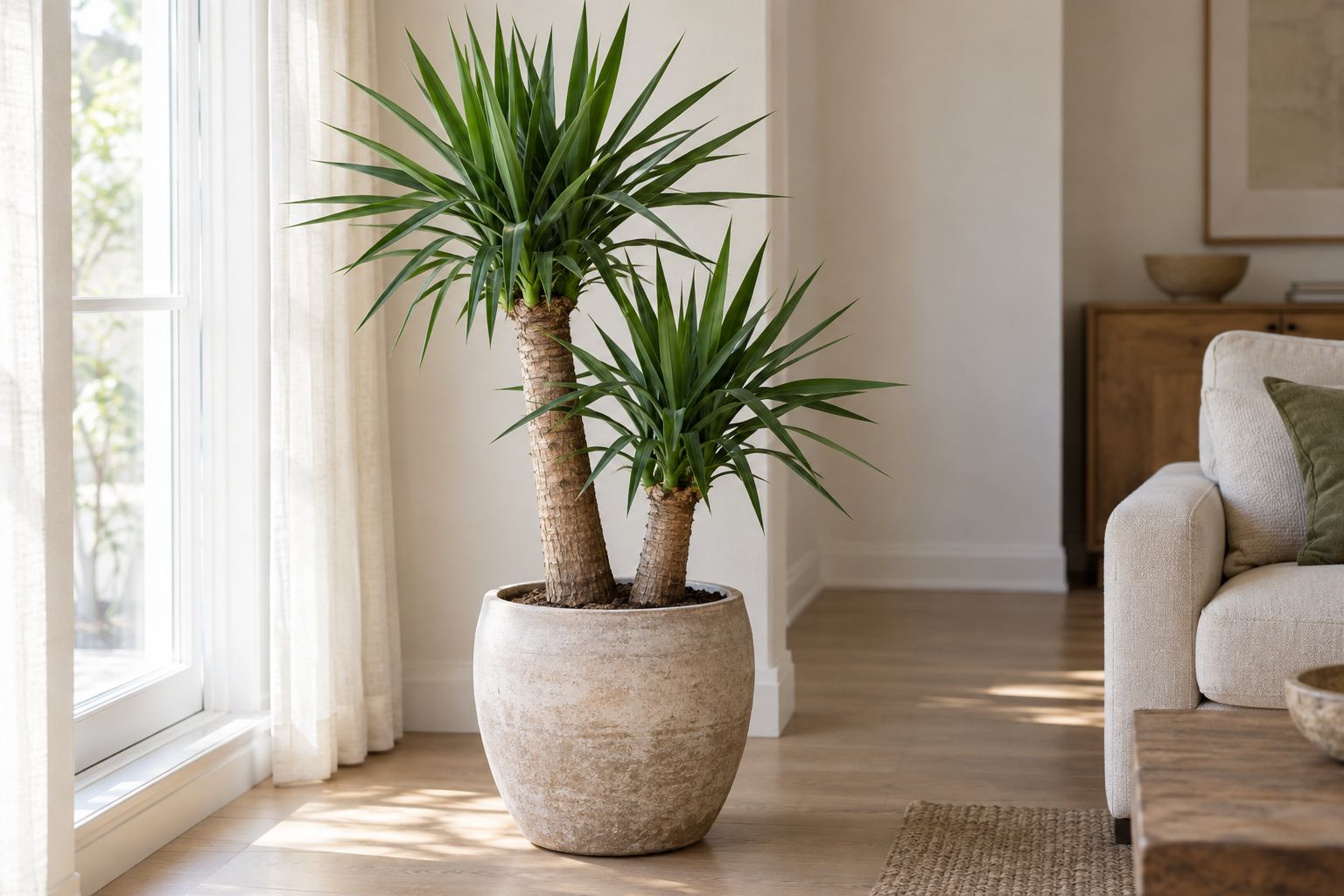 Spineless yucca with thick canes and rosettes of sword-shaped leaves in a large pot by a sunny window