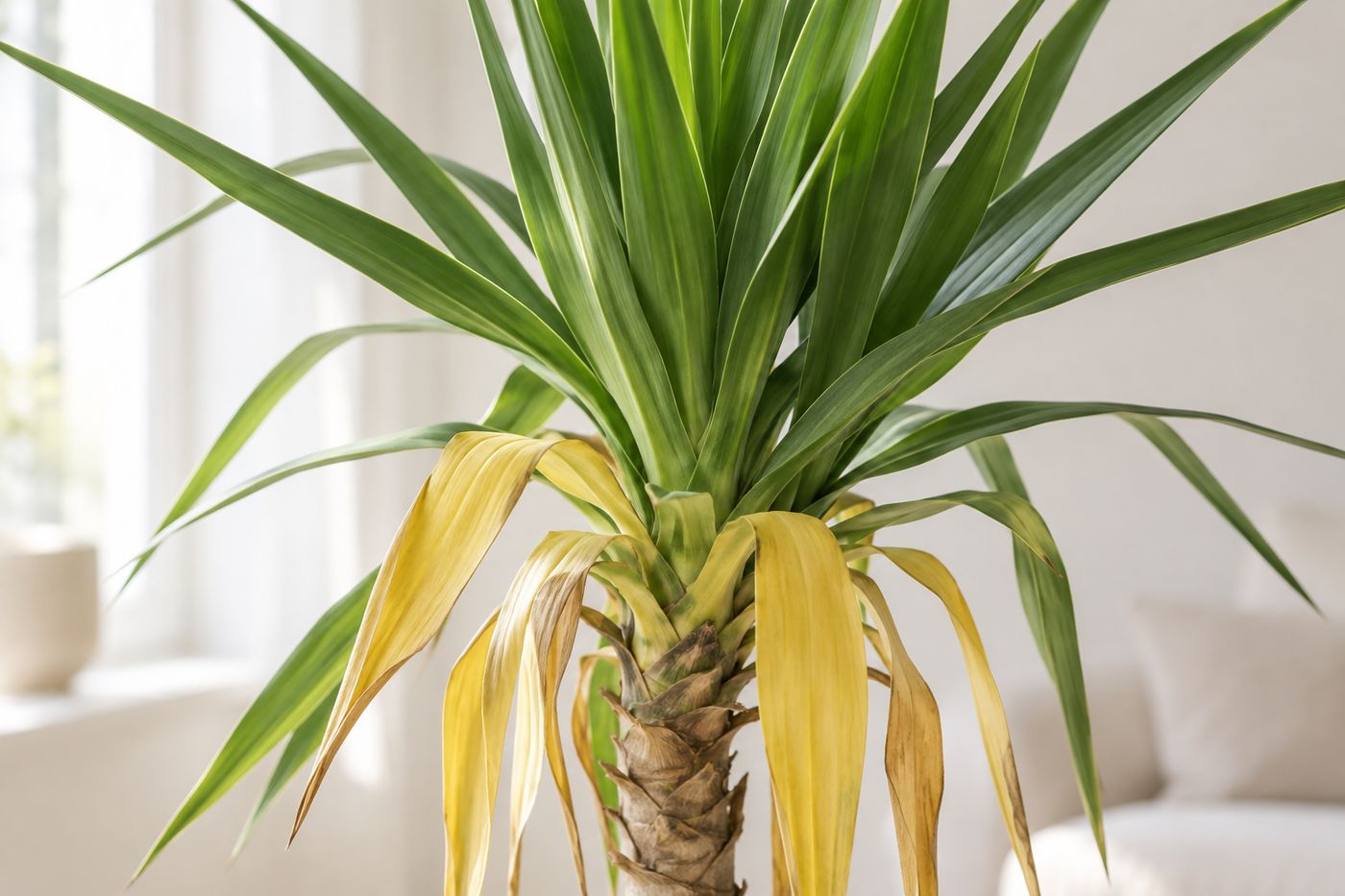 Yucca cane with a few yellowing lower leaves below a healthy green crown