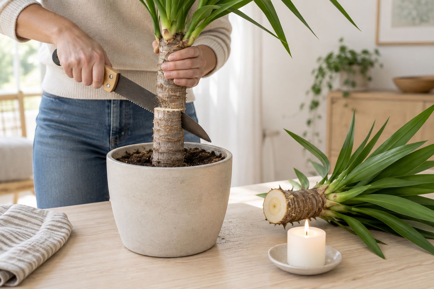 Yucca cane cut back with a saw, showing a clean pale cut surface