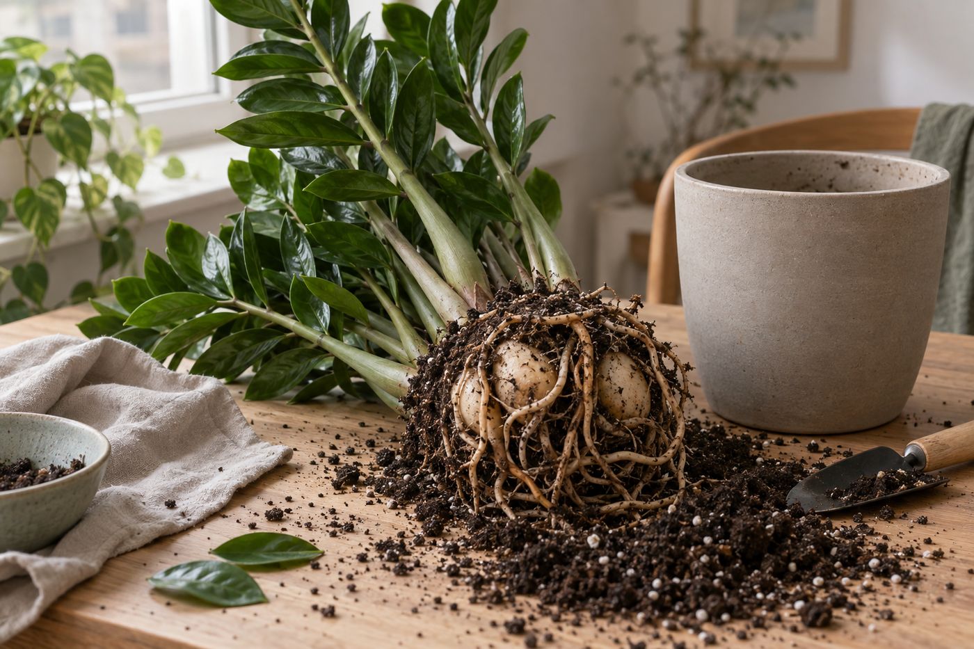 ZZ plant root system with thick rhizomes during repotting