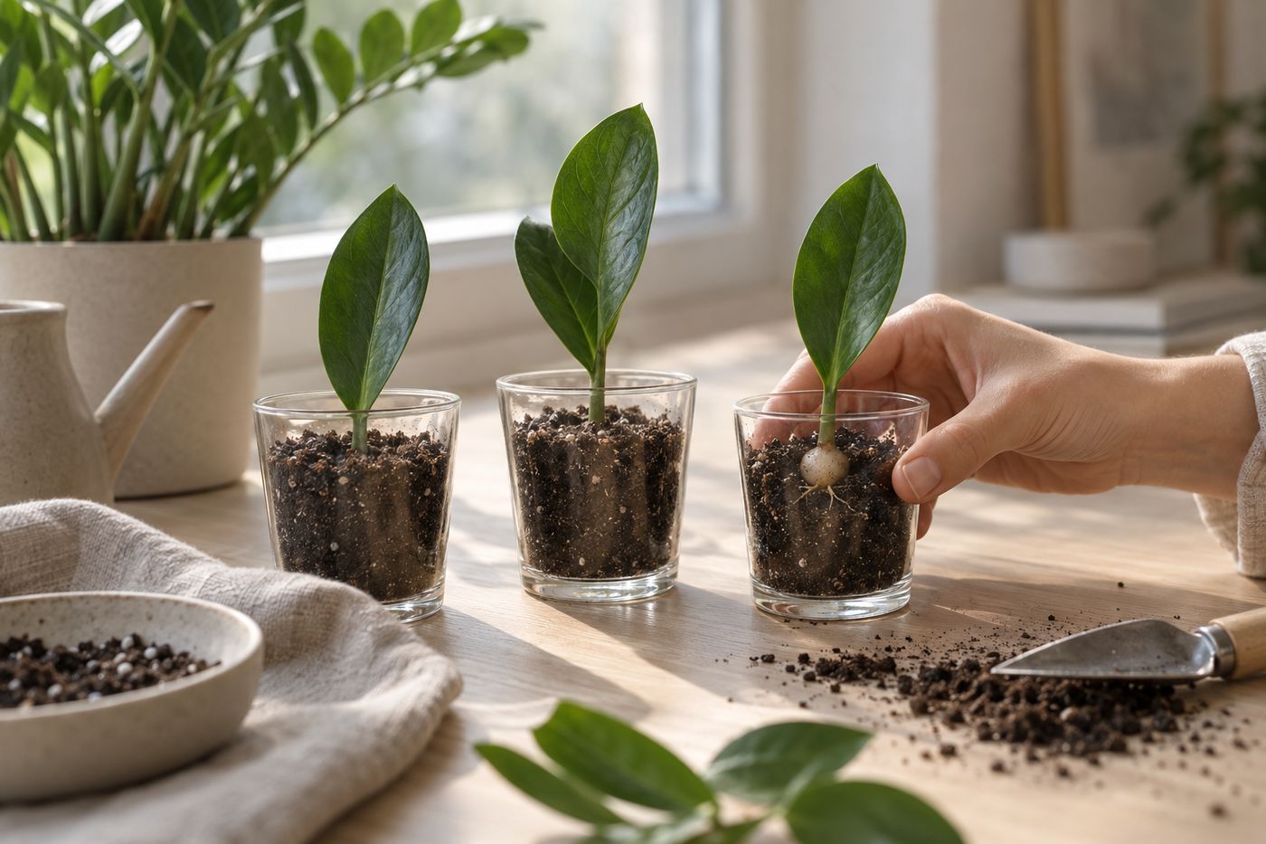 ZZ plant leaflets rooting in a small cup of soil